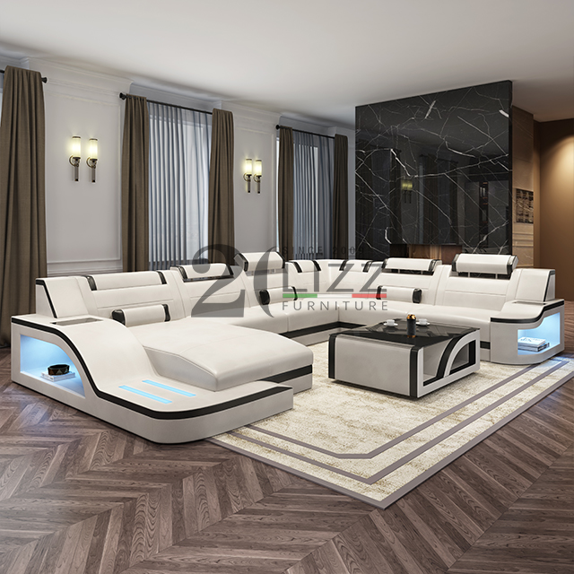 LED-Sofa aus echtem Leder mit Couchtisch