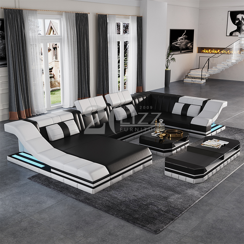 U-förmiges gelbes und schwarzes geführtes Schnittsofa für Schlafzimmer