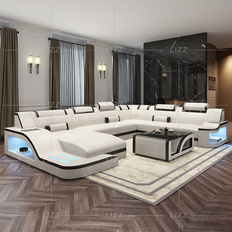 U-förmiges dunkelbraunes LED-Sofa für Schlafzimmer