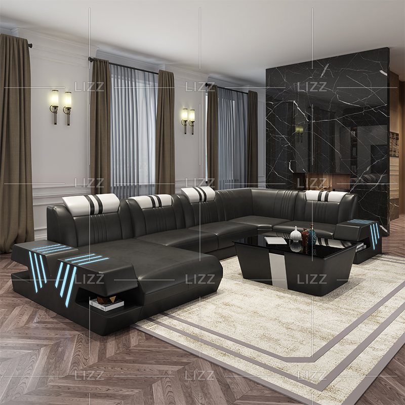 Wohnzimmer Leder LED-Sofa mit Kissenrücken